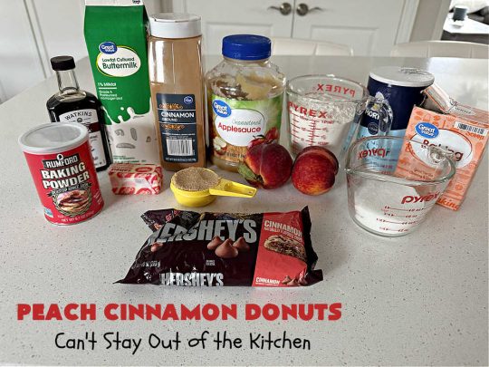 Peach Cinnamon Donuts | Can't Stay Out of the Kitchen | these scrumptious #donuts are so rich & decadent it's like eating #dessert! They're filled with fresh #peaches, #cinnamon & #CinnamonChips & then dipped in a #CinnamonSugar mixture. Fabulous for a weekend, company or #holiday #breakfast. #HolidayBreakfast #PeachCinnamonDonuts