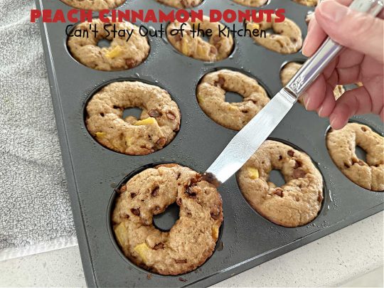Peach Cinnamon Donuts | Can't Stay Out of the Kitchen | these scrumptious #donuts are so rich & decadent it's like eating #dessert! They're filled with fresh #peaches, #cinnamon & #CinnamonChips & then dipped in a #CinnamonSugar mixture. Fabulous for a weekend, company or #holiday #breakfast. #HolidayBreakfast #PeachCinnamonDonuts