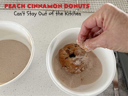 Peach Cinnamon Donuts | Can't Stay Out of the Kitchen | these scrumptious #donuts are so rich & decadent it's like eating #dessert! They're filled with fresh #peaches, #cinnamon & #CinnamonChips & then dipped in a #CinnamonSugar mixture. Fabulous for a weekend, company or #holiday #breakfast. #HolidayBreakfast #PeachCinnamonDonuts