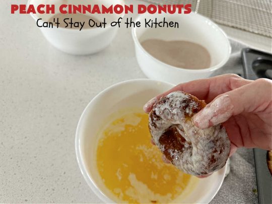 Peach Cinnamon Donuts | Can't Stay Out of the Kitchen | these scrumptious #donuts are so rich & decadent it's like eating #dessert! They're filled with fresh #peaches, #cinnamon & #CinnamonChips & then dipped in a #CinnamonSugar mixture. Fabulous for a weekend, company or #holiday #breakfast. #HolidayBreakfast #PeachCinnamonDonuts