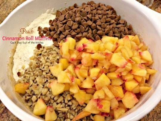Peach Cinnamon Roll Muffins | Can't Stay Out of the Kitchen | these decadent #muffins taste like #cinnamonrolls with #peaches added. The #cinnamon glaze makes these muffins amazing. #breakfast