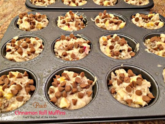 Peach Cinnamon Roll Muffins | Can't Stay Out of the Kitchen | these decadent #muffins taste like #cinnamonrolls with #peaches added. The #cinnamon glaze makes these muffins amazing. #breakfast