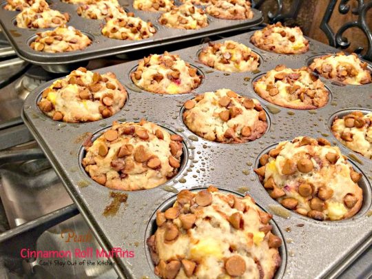 Peach Cinnamon Roll Muffins | Can't Stay Out of the Kitchen | these decadent #muffins taste like #cinnamonrolls with #peaches added. The #cinnamon glaze makes these muffins amazing. #breakfast