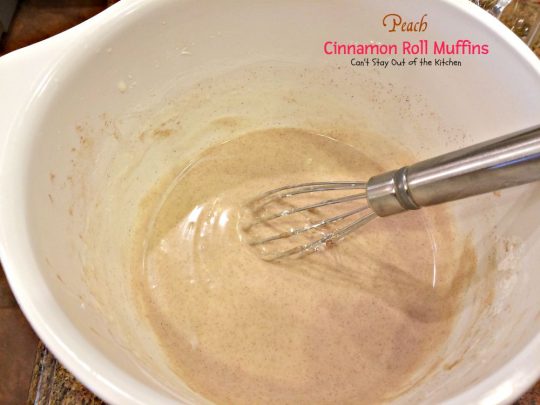 Peach Cinnamon Roll Muffins | Can't Stay Out of the Kitchen | these decadent #muffins taste like #cinnamonrolls with #peaches added. The #cinnamon glaze makes these muffins amazing. #breakfast
