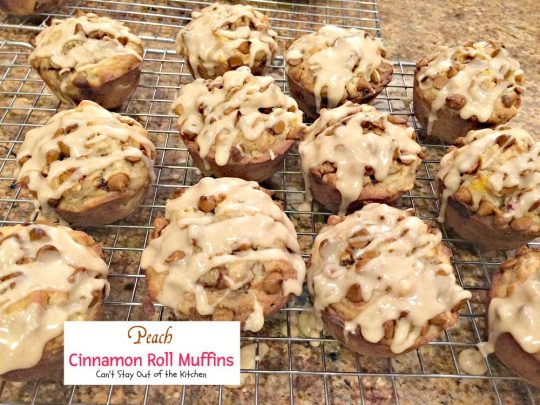 Peach Cinnamon Roll Muffins | Can't Stay Out of the Kitchen | these decadent #muffins taste like #cinnamonrolls with #peaches added. The #cinnamon glaze makes these muffins amazing. #breakfast