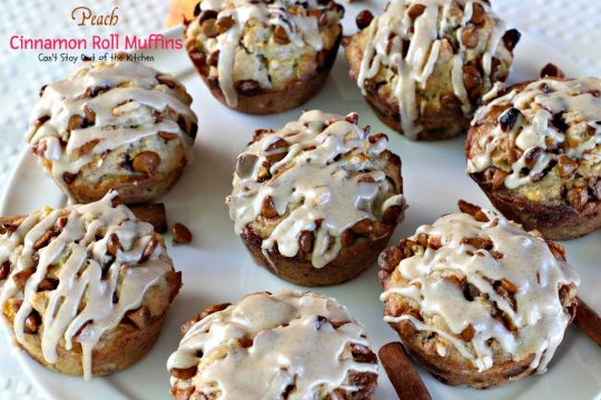 Peach Cinnamon Roll Muffins | Can't Stay Out of the Kitchen | these decadent #muffins taste like #cinnamonrolls with #peaches added. The #cinnamon glaze makes these muffins amazing. #breakfast