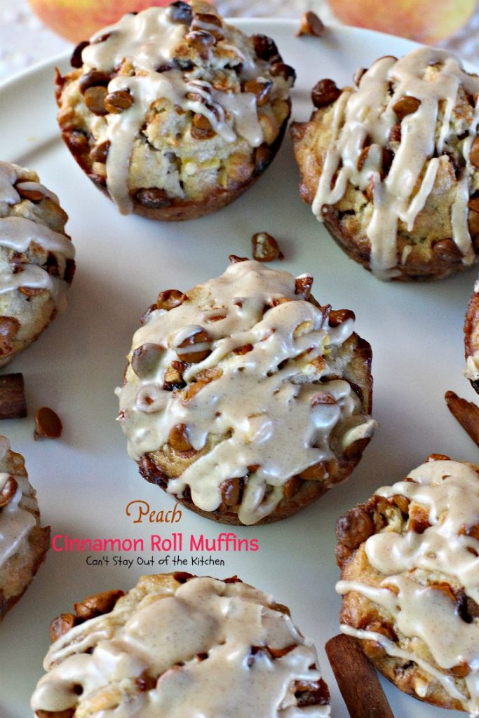 Peach Cinnamon Roll Muffins | Can't Stay Out of the Kitchen | these decadent #muffins taste like #cinnamonrolls with #peaches added. The #cinnamon glaze makes these muffins amazing. #breakfast