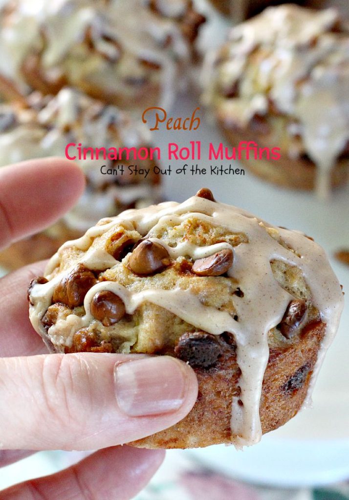 Peach Cinnamon Roll Muffins | Can't Stay Out of the Kitchen | these decadent #muffins taste like #cinnamonrolls with #peaches added. The #cinnamon glaze makes these muffins amazing. #breakfast