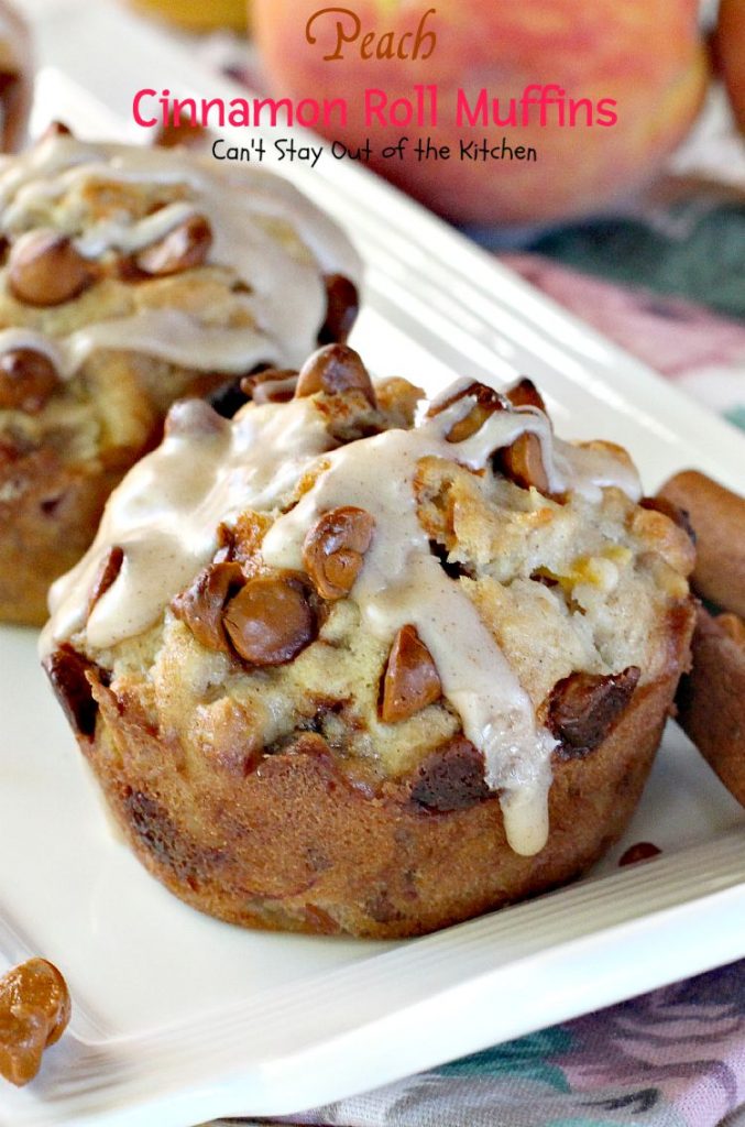 Peach Cinnamon Roll Muffins | Can't Stay Out of the Kitchen | these decadent #muffins taste like #cinnamonrolls with #peaches added. The #cinnamon glaze makes these muffins amazing. #breakfast