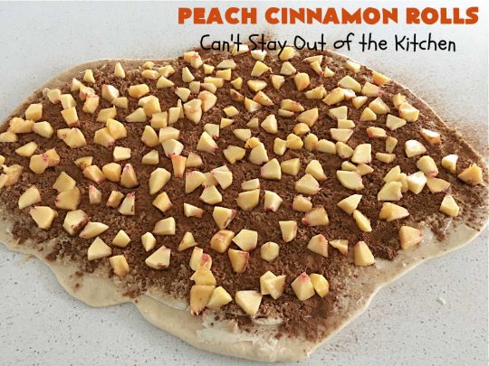 Peach Cinnamon Rolls | Can't Stay Out of the Kitchen | these #CinnamonRolls will rock your world! Perfect for a #holiday #breakfast or #brunch like #Thanksgiving, #Christmas or #Easter. Family & friends will love these rolls. #peaches #PeachCinnamonRolls