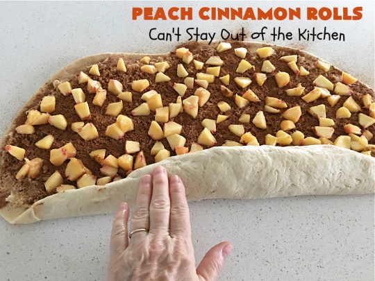 Peach Cinnamon Rolls | Can't Stay Out of the Kitchen | these #CinnamonRolls will rock your world! Perfect for a #holiday #breakfast or #brunch like #Thanksgiving, #Christmas or #Easter. Family & friends will love these rolls. #peaches #PeachCinnamonRolls