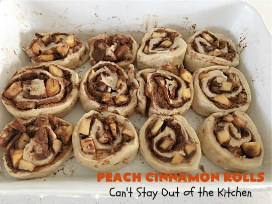Peach Cinnamon Rolls | Can't Stay Out of the Kitchen | these #CinnamonRolls will rock your world! Perfect for a #holiday #breakfast or #brunch like #Thanksgiving, #Christmas or #Easter. Family & friends will love these rolls. #peaches #PeachCinnamonRolls