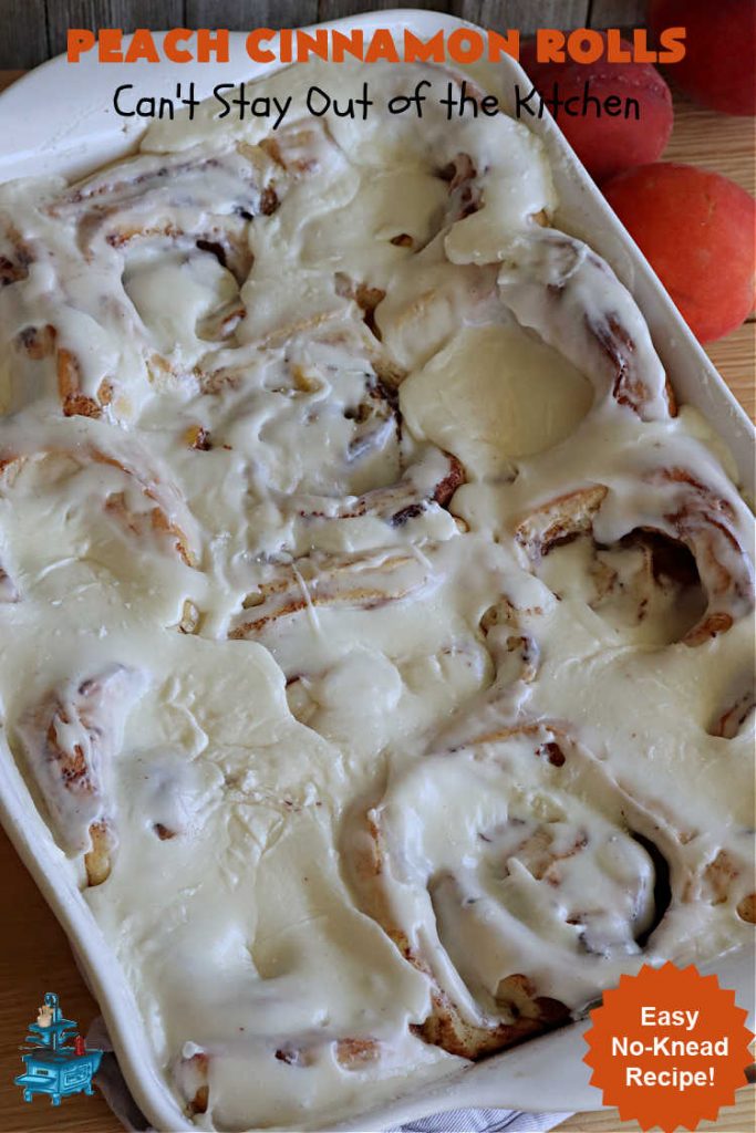 Peach Cinnamon Rolls | Can't Stay Out of the Kitchen | these #CinnamonRolls will rock your world! Perfect for a #holiday #breakfast or #brunch like #Thanksgiving, #Christmas or #Easter. Family & friends will love these rolls. #peaches #PeachCinnamonRolls