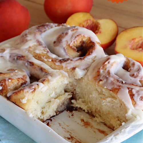 Peach Cinnamon Rolls | Can't Stay Out of the Kitchen | these #CinnamonRolls will rock your world! Perfect for a #holiday #breakfast or #brunch like #Thanksgiving, #Christmas or #Easter. Family & friends will love these rolls. #peaches #PeachCinnamonRolls