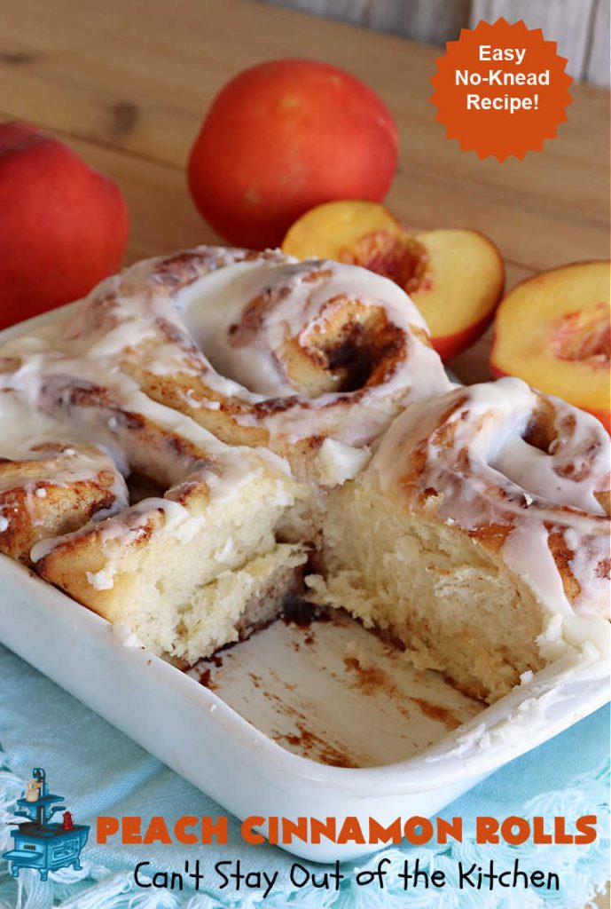 Peach Cinnamon Rolls | Can't Stay Out of the Kitchen | these #CinnamonRolls will rock your world! Perfect for a #holiday #breakfast or #brunch like #Thanksgiving, #Christmas or #Easter. Family & friends will love these rolls. #peaches #PeachCinnamonRolls