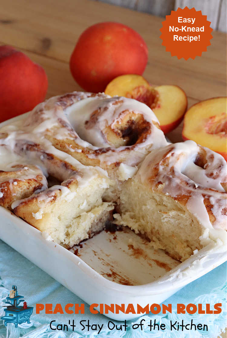 Peach Cinnamon Rolls | Can't Stay Out of the Kitchen | these #CinnamonRolls will rock your world! Perfect for a #holiday #breakfast or #brunch like #Thanksgiving, #Christmas or #Easter. Family & friends will love these rolls. #peaches #PeachCinnamonRolls