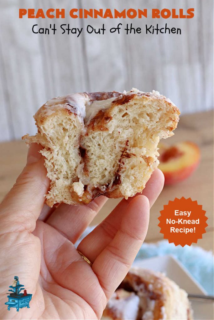 Peach Cinnamon Rolls | Can't Stay Out of the Kitchen | these #CinnamonRolls will rock your world! Perfect for a #holiday #breakfast or #brunch like #Thanksgiving, #Christmas or #Easter. Family & friends will love these rolls. #peaches #PeachCinnamonRolls