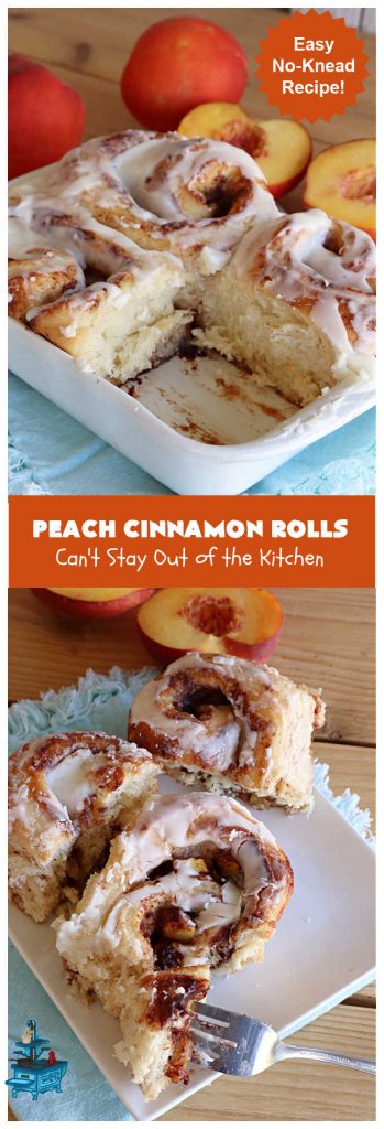 Peach Cinnamon Rolls | Can't Stay Out of the Kitchen | these #CinnamonRolls will rock your world! Perfect for a #holiday #breakfast or #brunch like #Thanksgiving, #Christmas or #Easter. Family & friends will love these rolls. #peaches #PeachCinnamonRolls