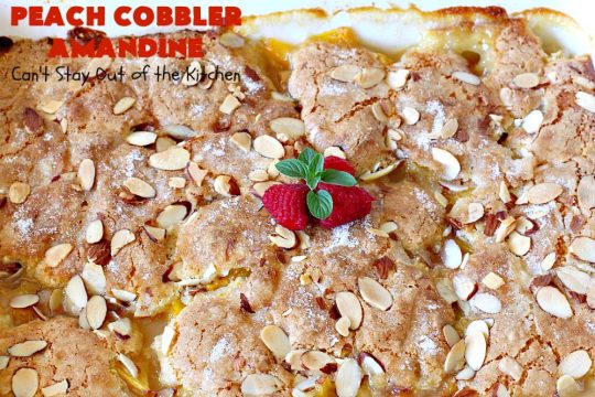 Peach Cobbler Amandine | Can't Stay Out of the Kitchen | this delightful #PeachCobbler #recipe uses #almonds, almond extract & almond meal to really bump up the flavors. It's a scrumptious #dessert to make with fresh #peaches. #PeachDessert #PeachCobblerAmandine #Canbassador #WashingtonStateFruitCommission #WashingtonStoneFruitGrowers #WashingtonStateStoneFruitGrowers