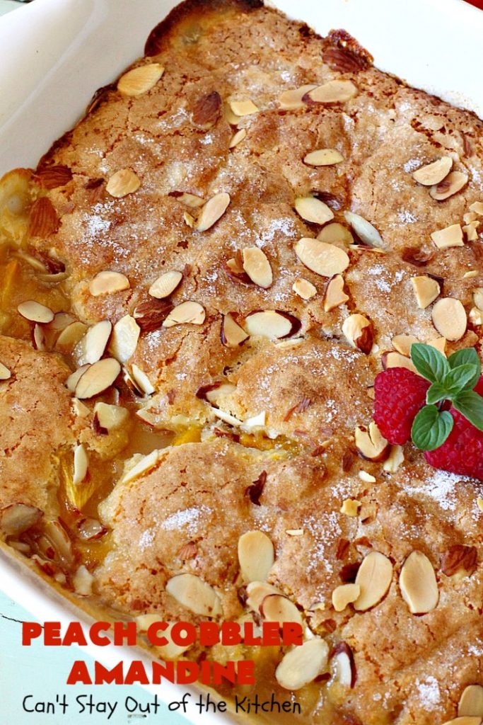 Peach Cobbler Amandine | Can't Stay Out of the Kitchen | this delightful #PeachCobbler #recipe uses #almonds, almond extract & almond meal to really bump up the flavors. It's a scrumptious #dessert to make with fresh #peaches. #PeachDessert #PeachCobblerAmandine #Canbassador #WashingtonStateFruitCommission #WashingtonStoneFruitGrowers #WashingtonStateStoneFruitGrowers