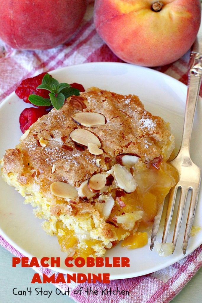 Peach Cobbler Amandine | Can't Stay Out of the Kitchen | this delightful #PeachCobbler #recipe uses #almonds, almond extract & almond meal to really bump up the flavors. It's a scrumptious #dessert to make with fresh #peaches. #PeachDessert #PeachCobblerAmandine #Canbassador #WashingtonStateFruitCommission #WashingtonStoneFruitGrowers #WashingtonStateStoneFruitGrowers