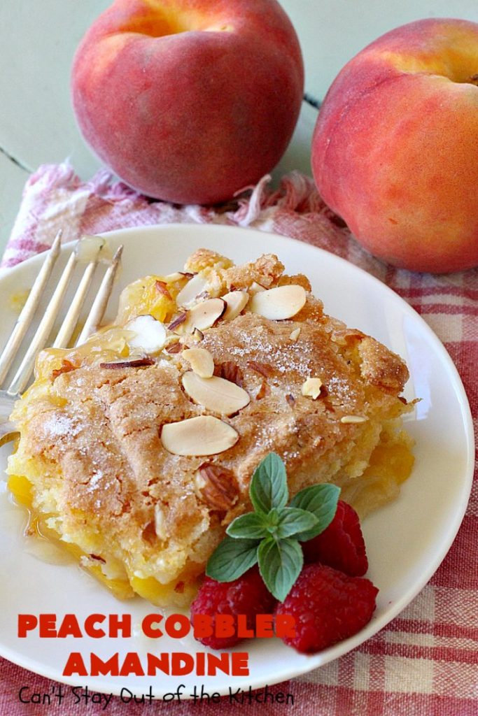 Peach Cobbler Amandine | Can't Stay Out of the Kitchen | this delightful #PeachCobbler #recipe uses #almonds, almond extract & almond meal to really bump up the flavors. It's a scrumptious #dessert to make with fresh #peaches. #PeachDessert #PeachCobblerAmandine #Canbassador #WashingtonStateFruitCommission #WashingtonStoneFruitGrowers #WashingtonStateStoneFruitGrowers
