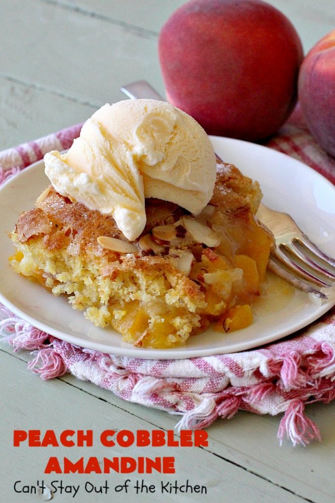 Peach Cobbler Amandine | Can't Stay Out of the Kitchen | this delightful #PeachCobbler #recipe uses #almonds, almond extract & almond meal to really bump up the flavors. It's a scrumptious #dessert to make with fresh #peaches. #PeachDessert #PeachCobblerAmandine #Canbassador #WashingtonStateFruitCommission #WashingtonStoneFruitGrowers #WashingtonStateStoneFruitGrowers