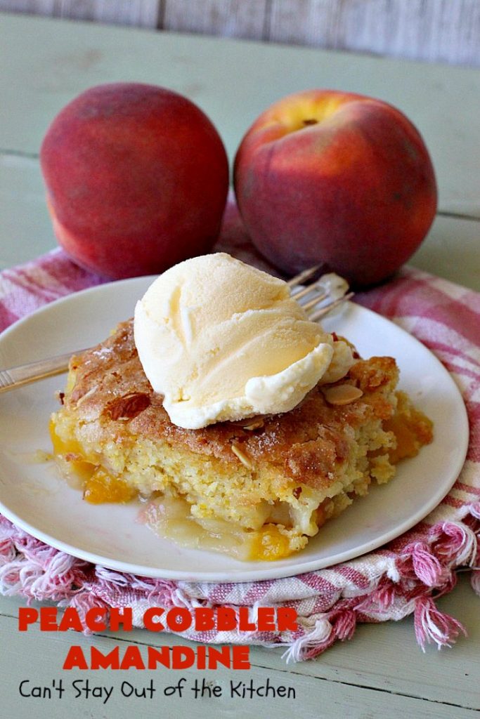Peach Cobbler Amandine | Can't Stay Out of the Kitchen | this delightful #PeachCobbler #recipe uses #almonds, almond extract & almond meal to really bump up the flavors. It's a scrumptious #dessert to make with fresh #peaches. #PeachDessert #PeachCobblerAmandine #Canbassador #WashingtonStateFruitCommission #WashingtonStoneFruitGrowers #WashingtonStateStoneFruitGrowers