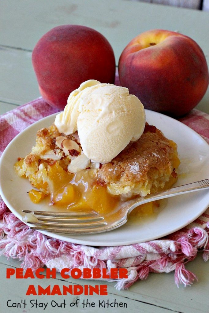Peach Cobbler Amandine | Can't Stay Out of the Kitchen | this delightful #PeachCobbler #recipe uses #almonds, almond extract & almond meal to really bump up the flavors. It's a scrumptious #dessert to make with fresh #peaches. #PeachDessert #PeachCobblerAmandine #Canbassador #WashingtonStateFruitCommission #WashingtonStoneFruitGrowers #WashingtonStateStoneFruitGrowers