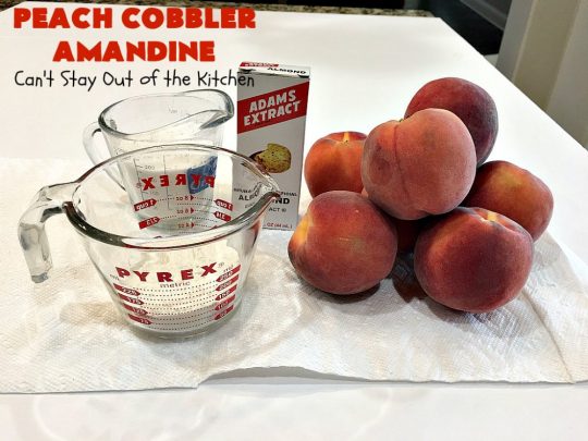 Peach Cobbler Amandine | Can't Stay Out of the Kitchen | this delightful #PeachCobbler #recipe uses #almonds, almond extract & almond meal to really bump up the flavors. It's a scrumptious #dessert to make with fresh #peaches. #PeachDessert #PeachCobblerAmandine #Canbassador #WashingtonStateFruitCommission #WashingtonStoneFruitGrowers #WashingtonStateStoneFruitGrowers