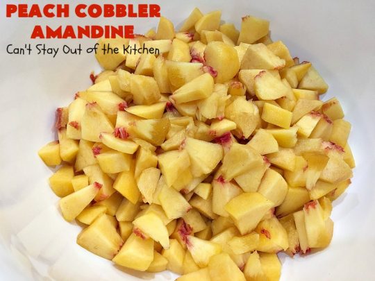 Peach Cobbler Amandine | Can't Stay Out of the Kitchen | this delightful #PeachCobbler #recipe uses #almonds, almond extract & almond meal to really bump up the flavors. It's a scrumptious #dessert to make with fresh #peaches. #PeachDessert #PeachCobblerAmandine #Canbassador #WashingtonStateFruitCommission #WashingtonStoneFruitGrowers #WashingtonStateStoneFruitGrowers