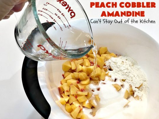 Peach Cobbler Amandine | Can't Stay Out of the Kitchen | this delightful #PeachCobbler #recipe uses #almonds, almond extract & almond meal to really bump up the flavors. It's a scrumptious #dessert to make with fresh #peaches. #PeachDessert #PeachCobblerAmandine #Canbassador #WashingtonStateFruitCommission #WashingtonStoneFruitGrowers #WashingtonStateStoneFruitGrowers