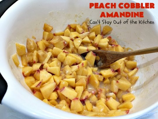 Peach Cobbler Amandine | Can't Stay Out of the Kitchen | this delightful #PeachCobbler #recipe uses #almonds, almond extract & almond meal to really bump up the flavors. It's a scrumptious #dessert to make with fresh #peaches. #PeachDessert #PeachCobblerAmandine #Canbassador #WashingtonStateFruitCommission #WashingtonStoneFruitGrowers #WashingtonStateStoneFruitGrowers
