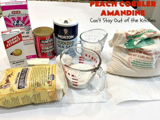 Peach Cobbler Amandine | Can't Stay Out of the Kitchen | this delightful #PeachCobbler #recipe uses #almonds, almond extract & almond meal to really bump up the flavors. It's a scrumptious #dessert to make with fresh #peaches. #PeachDessert #PeachCobblerAmandine #Canbassador #WashingtonStateFruitCommission #WashingtonStoneFruitGrowers #WashingtonStateStoneFruitGrowers