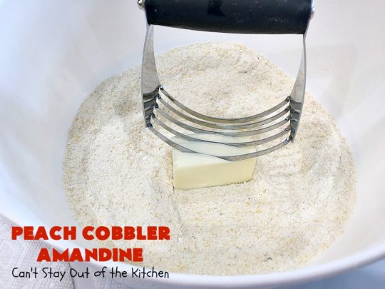 Peach Cobbler Amandine | Can't Stay Out of the Kitchen | this delightful #PeachCobbler #recipe uses #almonds, almond extract & almond meal to really bump up the flavors. It's a scrumptious #dessert to make with fresh #peaches. #PeachDessert #PeachCobblerAmandine #Canbassador #WashingtonStateFruitCommission #WashingtonStoneFruitGrowers #WashingtonStateStoneFruitGrowers