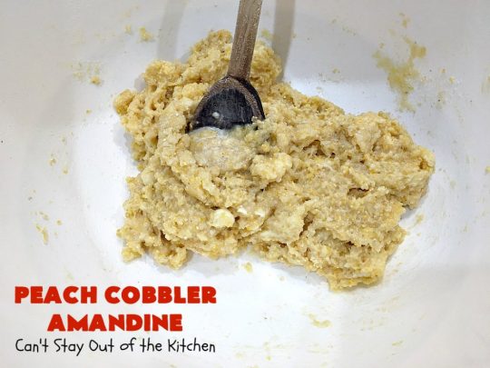 Peach Cobbler Amandine | Can't Stay Out of the Kitchen | this delightful #PeachCobbler #recipe uses #almonds, almond extract & almond meal to really bump up the flavors. It's a scrumptious #dessert to make with fresh #peaches. #PeachDessert #PeachCobblerAmandine #Canbassador #WashingtonStateFruitCommission #WashingtonStoneFruitGrowers #WashingtonStateStoneFruitGrowers