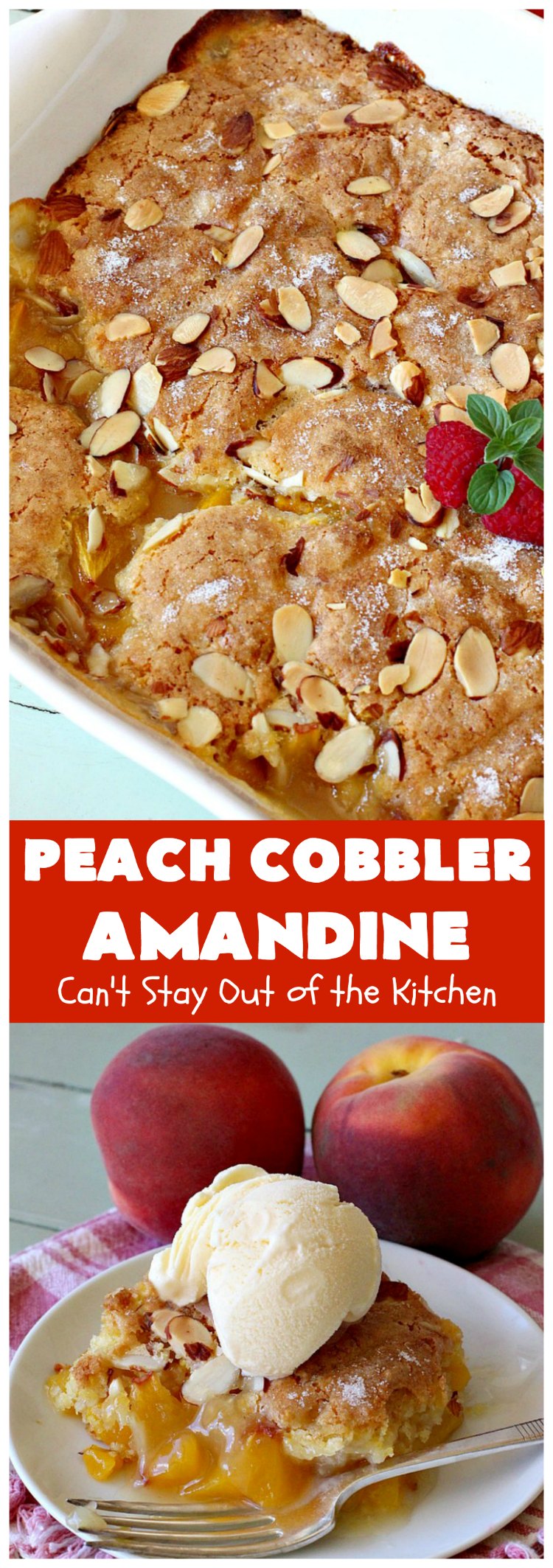 Peach Cobbler Amandine | Can't Stay Out of the Kitchen | this delightful #PeachCobbler #recipe uses #almonds, almond extract & almond meal to really bump up the flavors. It's a scrumptious #dessert to make with fresh #peaches. #PeachDessert #PeachCobblerAmandine #Canbassador #WashingtonStateFruitCommission #WashingtonStoneFruitGrowers #WashingtonStateStoneFruitGrowers