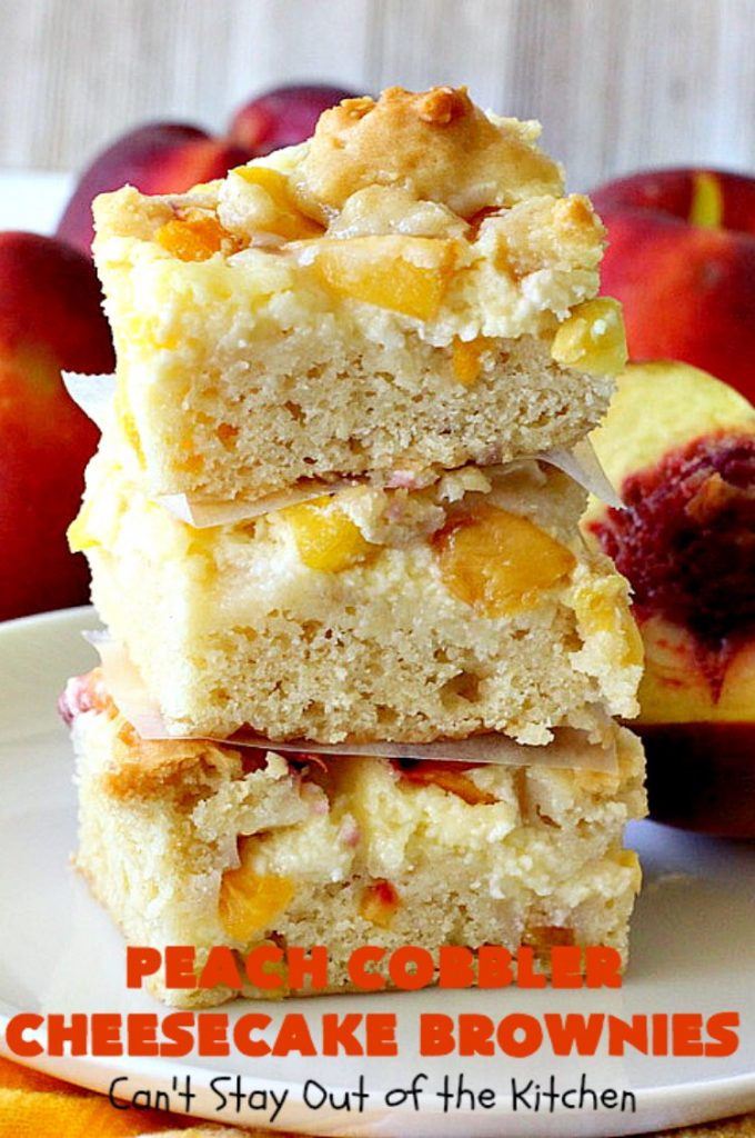 Peach Cobbler Cheesecake Brownies | Can't Stay Out of the Kitchen | these spectacular #brownies start with a #peachcobbler #cookie dough. They have a luscious #cheesecake filling in the middle, topped with fresh #peaches. Then more cookie dough is crumbled over top. These were a huge hit at my husband's office. #dessert #peachdessert #CANbassador #WashingtonStateFruitCommission #WashingtonStatestoneFruitGrowers