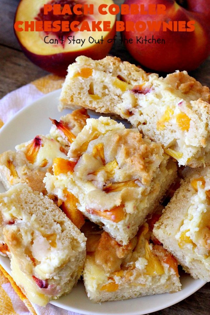 Peach Cobbler Cheesecake Brownies | Can't Stay Out of the Kitchen | these spectacular #brownies start with a #peachcobbler #cookie dough. They have a luscious #cheesecake filling in the middle, topped with fresh #peaches. Then more cookie dough is crumbled over top. These were a huge hit at my husband's office. #dessert #peachdessert #CANbassador #WashingtonStateFruitCommission #WashingtonStatestoneFruitGrowers