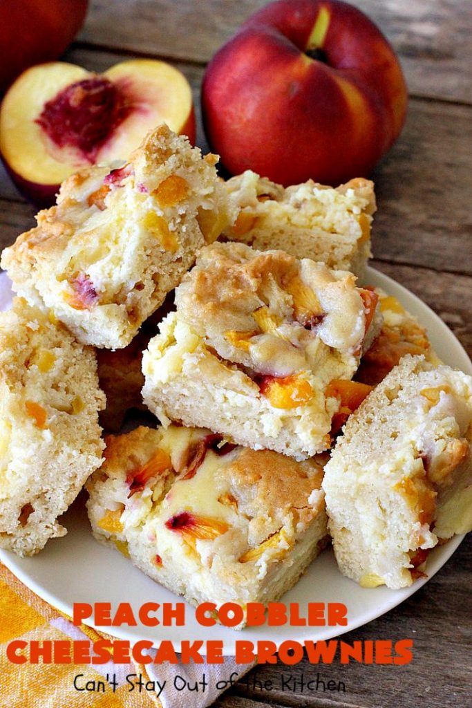 Peach Cobbler Cheesecake Brownies | Can't Stay Out of the Kitchen | these spectacular #brownies start with a #peachcobbler #cookie dough. They have a luscious #cheesecake filling in the middle, topped with fresh #peaches. Then more cookie dough is crumbled over top. These were a huge hit at my husband's office. #dessert #peachdessert #CANbassador #WashingtonStateFruitCommission #WashingtonStatestoneFruitGrowers