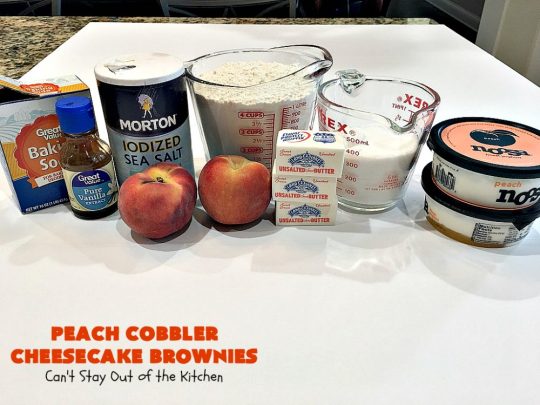 Peach Cobbler Cheesecake Brownies | Can't Stay Out of the Kitchen | these spectacular #brownies start with a #peachcobbler #cookie dough. They have a luscious #cheesecake filling in the middle, topped with fresh #peaches. Then more cookie dough is crumbled over top. These were a huge hit at my husband's office. #dessert #peachdessert #CANbassador #WashingtonStateFruitCommission #WashingtonStatestoneFruitGrowers