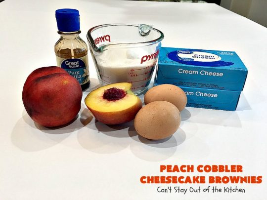 Peach Cobbler Cheesecake Brownies | Can't Stay Out of the Kitchen | these spectacular #brownies start with a #peachcobbler #cookie dough. They have a luscious #cheesecake filling in the middle, topped with fresh #peaches. Then more cookie dough is crumbled over top. These were a huge hit at my husband's office. #dessert #peachdessert #CANbassador #WashingtonStateFruitCommission #WashingtonStatestoneFruitGrowers