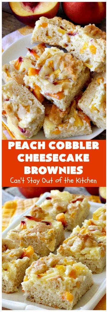 Peach Cobbler Cheesecake Brownies | Can't Stay Out of the Kitchen | these spectacular #brownies start with a #peachcobbler #cookie dough. They have a luscious #cheesecake filling in the middle, topped with fresh #peaches. Then more cookie dough is crumbled over top. These were a huge hit at my husband's office. #dessert #peachdessert #CANbassador #WashingtonStateFruitCommission #WashingtonStatestoneFruitGrowers
