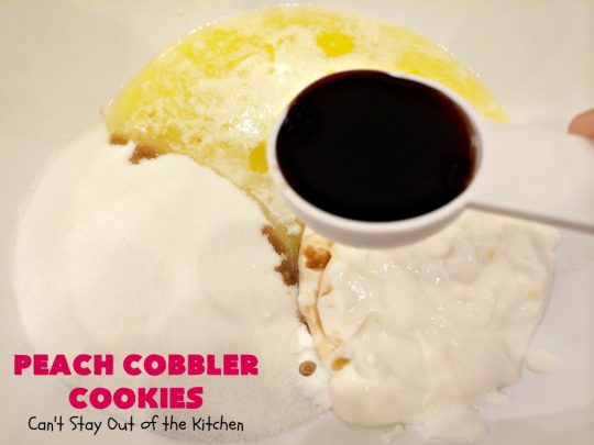 Peach Cobbler Cookies | Can't Stay Out of the Kitchen | these fantastic #cookies taste just like eating #peachcobbler but in #cookie form! They're terrific for summer potlucks, backyard #BBQs & #holidays like #LaborDay when fresh #peaches are in season. #dessert