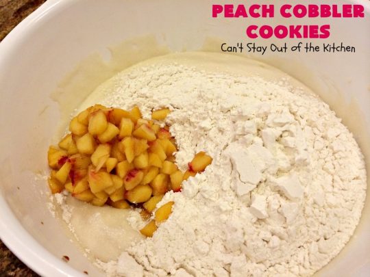 Peach Cobbler Cookies | Can't Stay Out of the Kitchen | these fantastic #cookies taste just like eating #peachcobbler but in #cookie form! They're terrific for summer potlucks, backyard #BBQs & #holidays like #LaborDay when fresh #peaches are in season. #dessert
