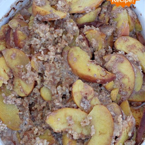 Peach Cobbler Overnight Oatmeal | Can't Stay Out of the Kitchen | this fantastic #oatmeal #recipe cooks in the #SlowCooker overnight. So easy & terrific for a company or #holiday #breakfast. Fresh, canned or frozen #peaches can be used. #vegan #GlutenFree #crockpot #OatMilk #SteelCutOats #OvernightOatmeal #PeachCobbler #PeachCobblerOvernightOatmeal