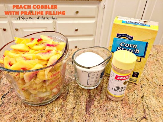 Peach Cobbler with Praline Filling | Can't Stay Out of the Kitchen | this luscious #peach #cobbler has #praline pie crust rolls on top. Absolutely divine! Perfect #dessert for summer.