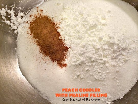 Peach Cobbler with Praline Filling | Can't Stay Out of the Kitchen | this luscious #peach #cobbler has #praline pie crust rolls on top. Absolutely divine! Perfect #dessert for summer.