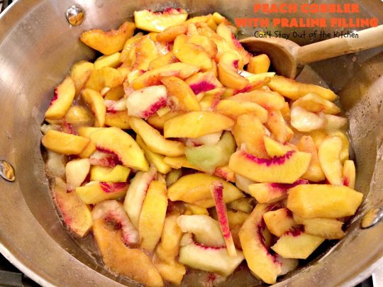 Peach Cobbler with Praline Filling | Can't Stay Out of the Kitchen | this luscious #peach #cobbler has #praline pie crust rolls on top. Absolutely divine! Perfect #dessert for summer.