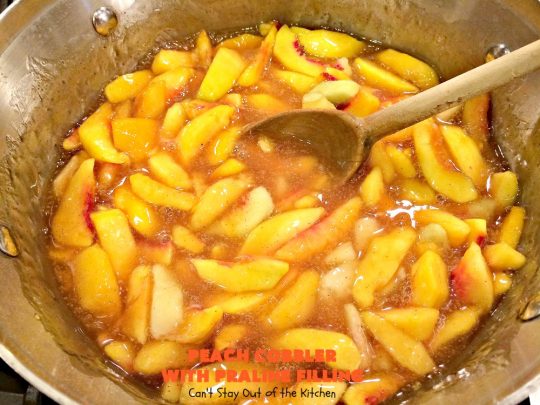 Peach Cobbler with Praline Filling | Can't Stay Out of the Kitchen | this luscious #peach #cobbler has #praline pie crust rolls on top. Absolutely divine! Perfect #dessert for summer.